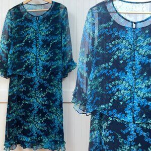 Vintage Blue Floral Sheer Overlay Dress Set Womens M Ruffle Hem Long Sleeve